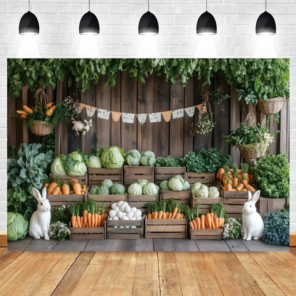 Happy Easter Backdrop Photography Spring Flowers Wood Door Carrot Rabbit Eggs Grass Cabbage Kids Birthday Party Background