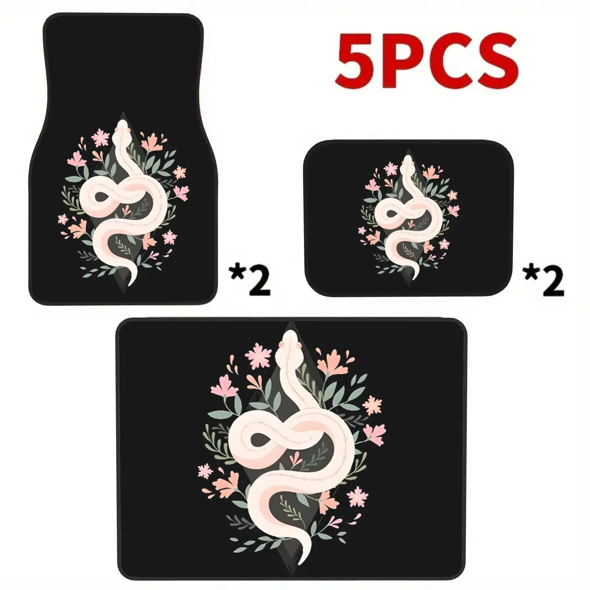 5pcs White Snake With Pink Flowers Universal Car Floor Mats | Trunk Mat 5pcs (4 Floor Mats + 1 Trunk Mat), All Weather Durable,