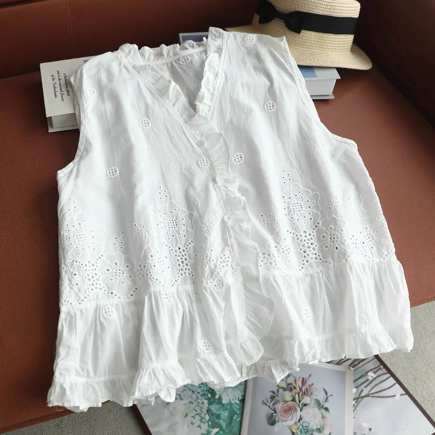 Women Sleeveless Vest Top Ruffle V Neck Blouse Hollow Eyelet Embroidery Lace Ruffle Hem Cottagecore Cotton Summer Tank Shirts view 4