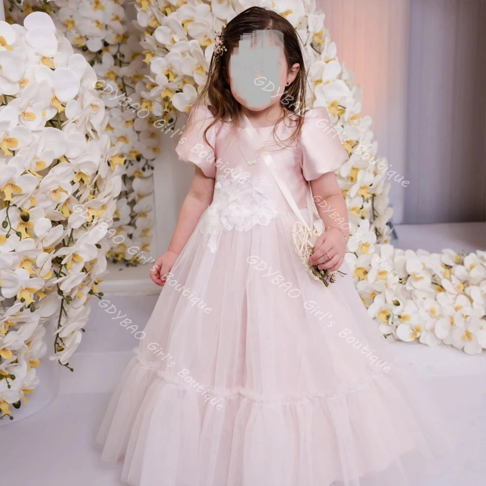 

Customized Flower Girl Dresses for Wedding Kids Round Neck Balloon Sleeve First Communion Dress Appliqued Tulle Party Ball Gown