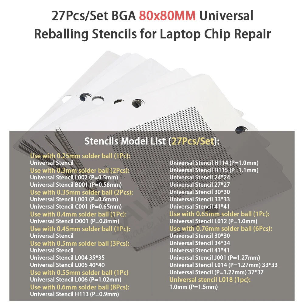 

SAVEBASE BGA 27 шт. универсальные трафареты 80x80 мм для большинства чипов с обычным шагом