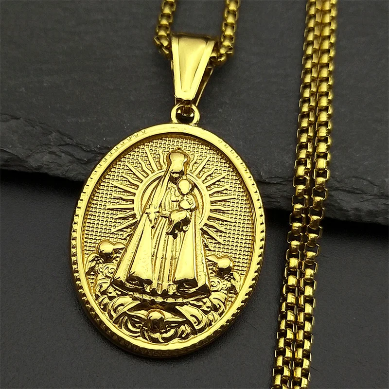 Brazil Nossa Senhora Our Lady of Aparecida Medal Pendant Necklace for Men Women Stainless Steel Gold Color Virgin Mary Jewelry