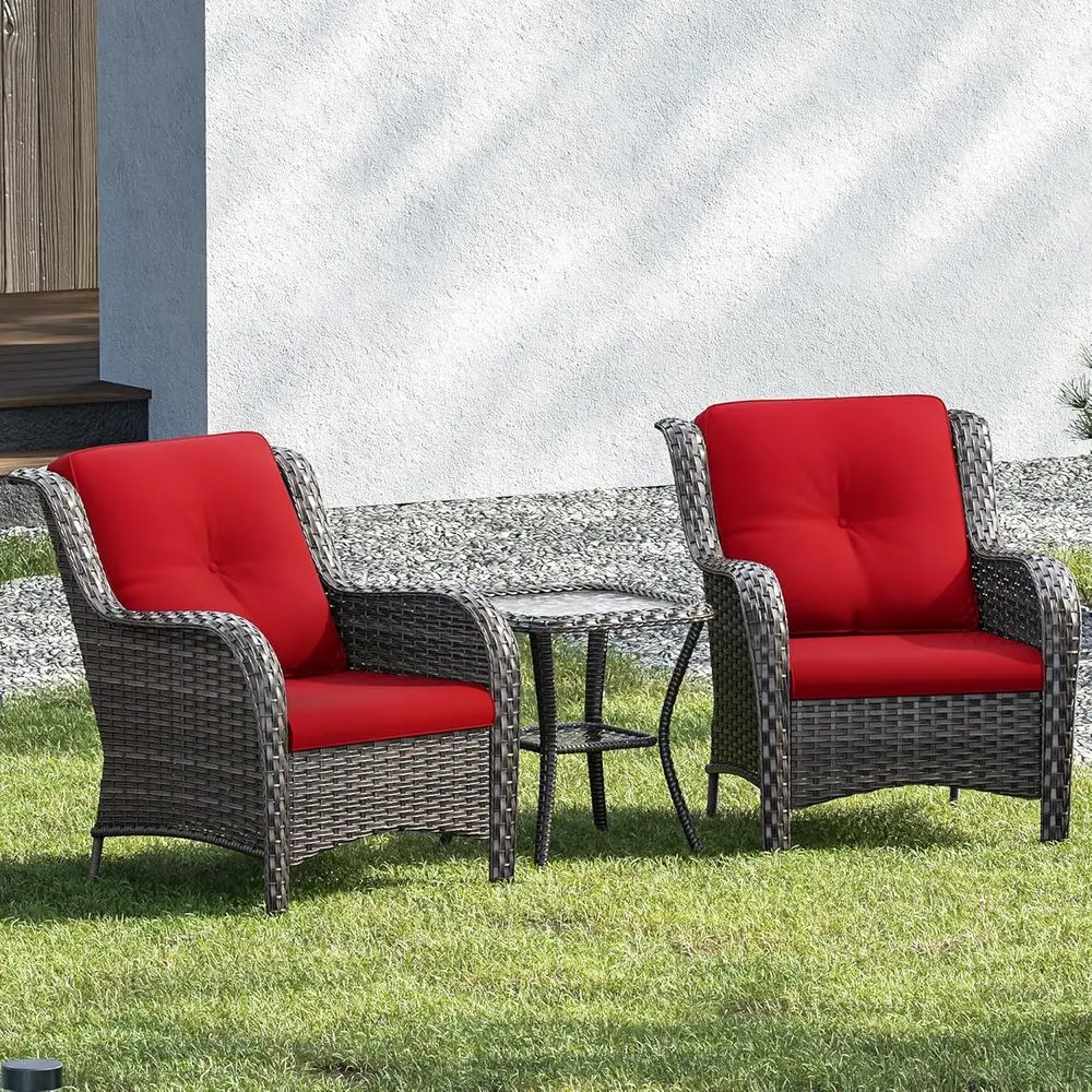

Luxury 3-Piece Wicker Patio Set: 2 High-Back Rattan Chairs & Side Table with Plush Cushions for Deck or Porch