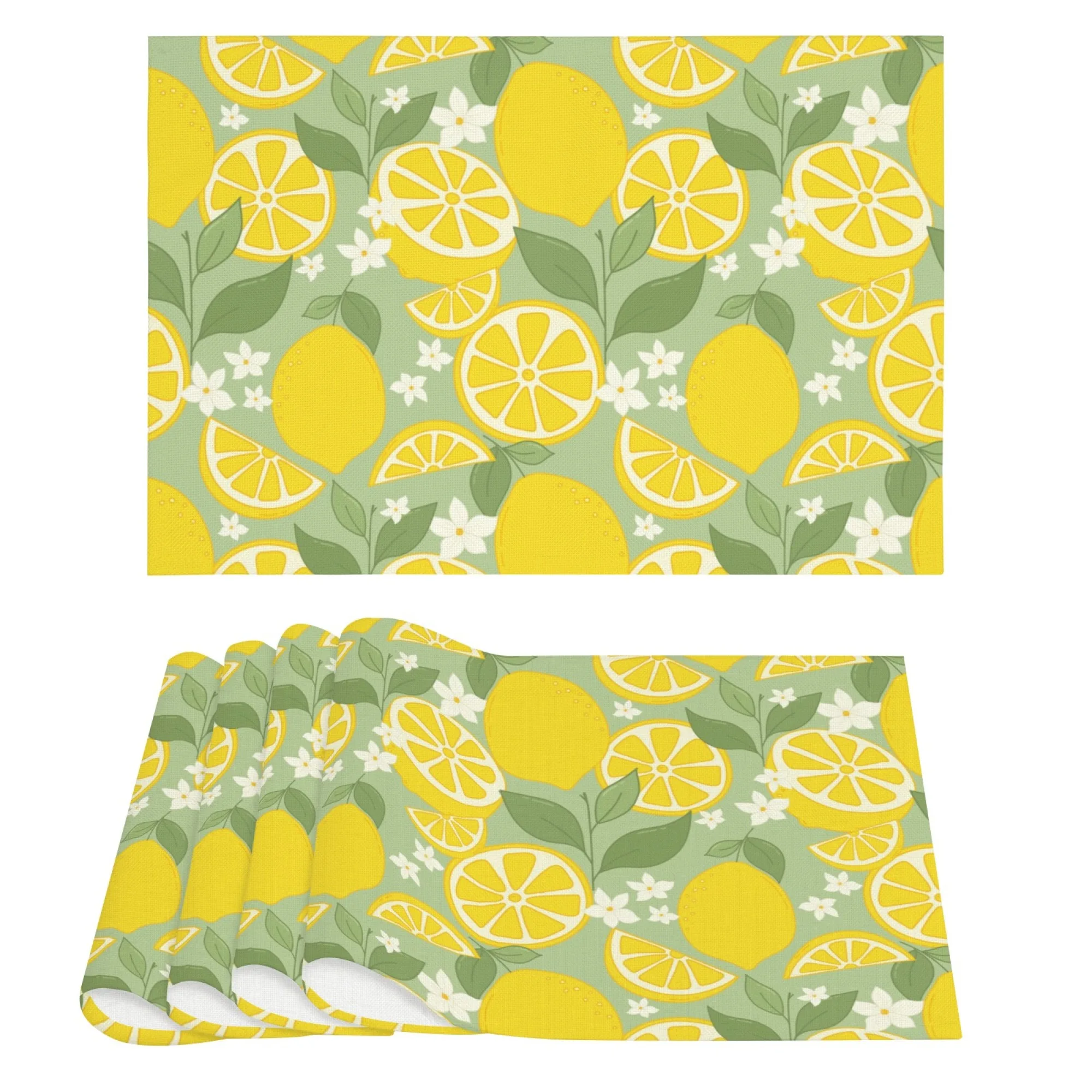 الصيف بعد الظهر وقت الشاي وجبة خفيفة تحديد الموقع الضوء الأخضر الليمون الأخضر ورقة وزهرة بيضاء عناصر الكرتون ديكور المطبخ حصيرة