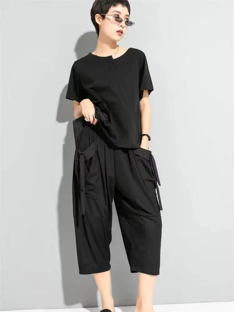 Ladies Straight Pants Harlan Pants Summer New Classic Dark Personality Stitching Pocket Large Size Seven Casual Pants