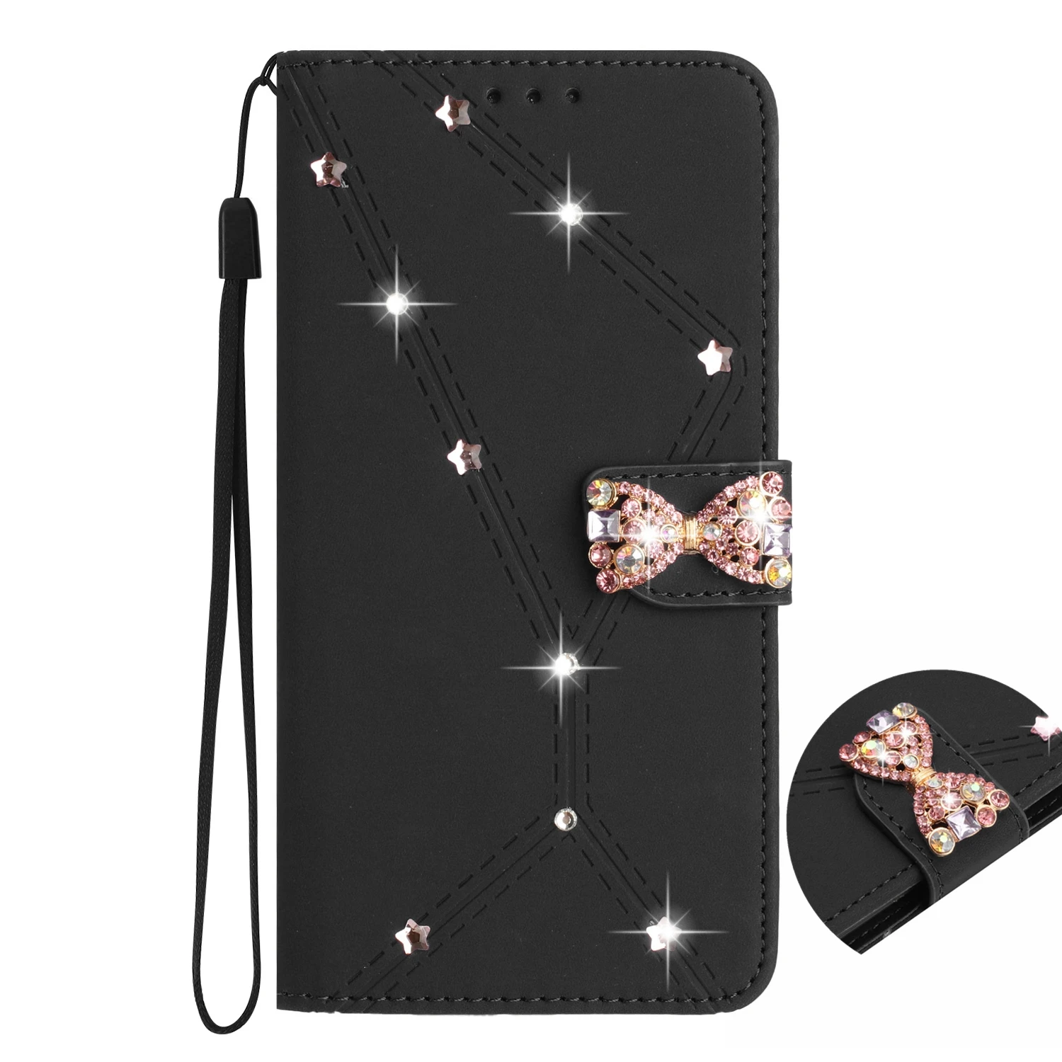 Rhineston Bowknot Clip Wallet Case For Samsung Galaxy Wide8 7 6 5 Quantum6 4 Buddy4 3 Jean 2 Jump 5G Leather 3 Cards Flip Cover