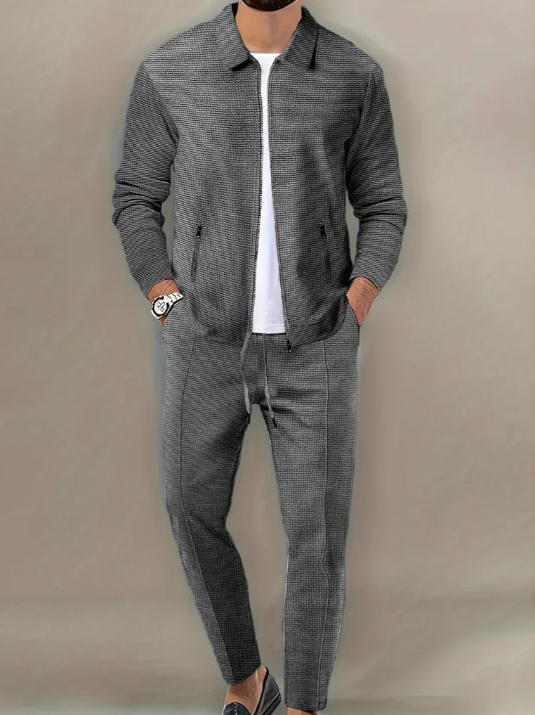 

Men's Fashionable Plaid Zipper Casual Sports Jacket Long Sleeve Lapel Stylish Set Long Pants Autumn Season Outerwear