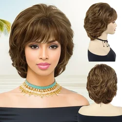 Peruca de corte pixie curto feminino sintético mix cabelo castanho natural senhoras peruca com franja diariamente elegante peruca mamãe cosplay dia das bruxas