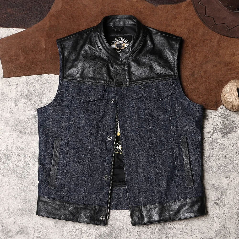 

Denim Cargo Club Vest Men's Leather Vest Contrast Stitching Cowhide Biker Clip