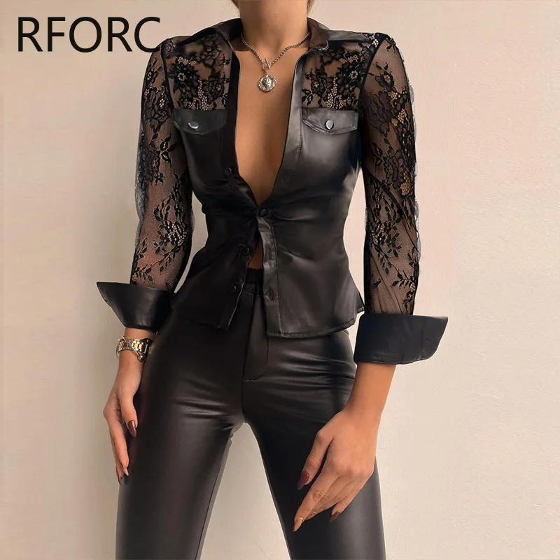 2024 Women Solid Lace Patchwork Pu Leather Turn Down Neck Black Blouse Top