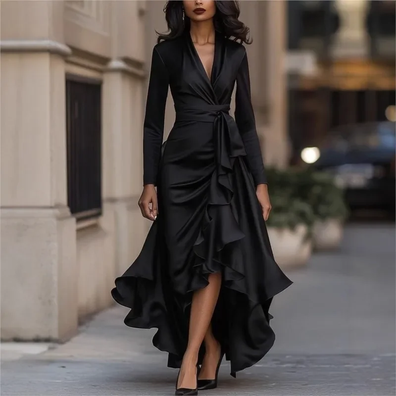 Robe en Satin élégante pour femmes, décolleté en v profond, à volants, couleur unie, ourlet irrégulier, à lacets, taille haute, soirée, invités de mariage