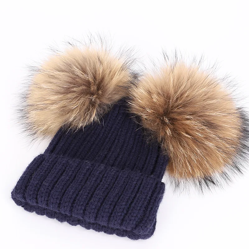 Set Topi dan Syal Rajut Bulu Rakun Asli untuk Anak-Anak, Musim Gugur Musim Dingin, Tebal dan Hangat, untuk Anak Laki-Laki dan Perempuan, 2 Pcs