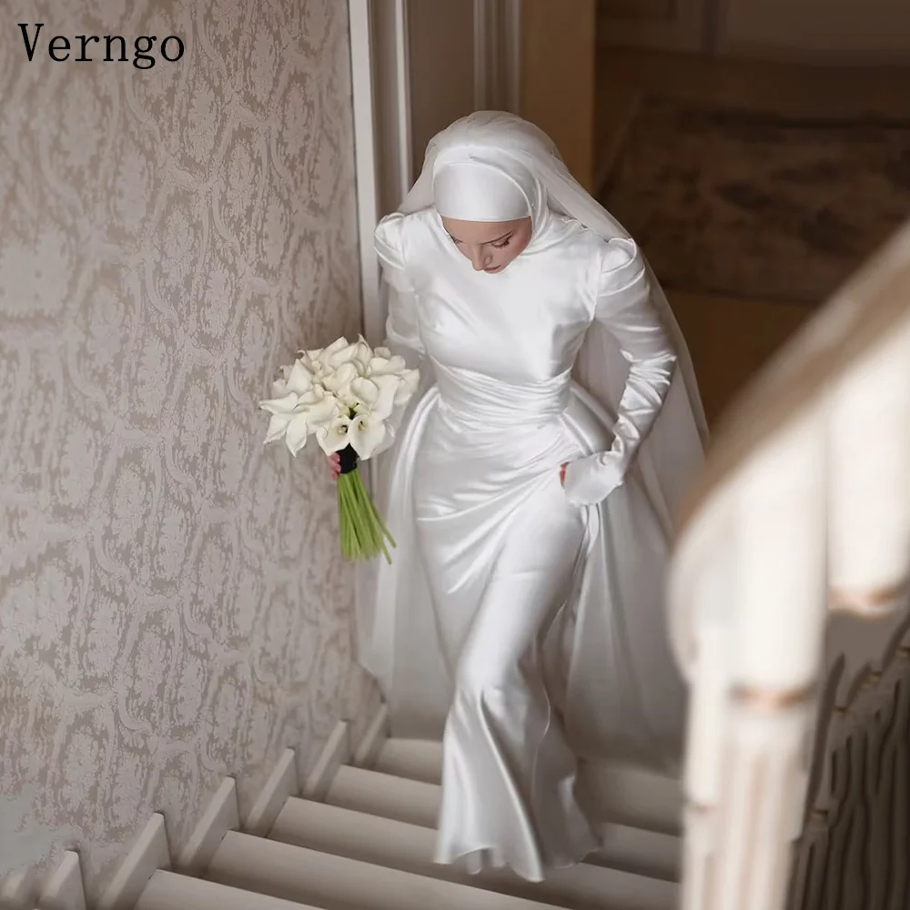 

Verngo lvory Satin Wedding Dress High Neck Full Sleeves Detactable Train Bride Dress Moslem Elegant Bridal Gowns Customized