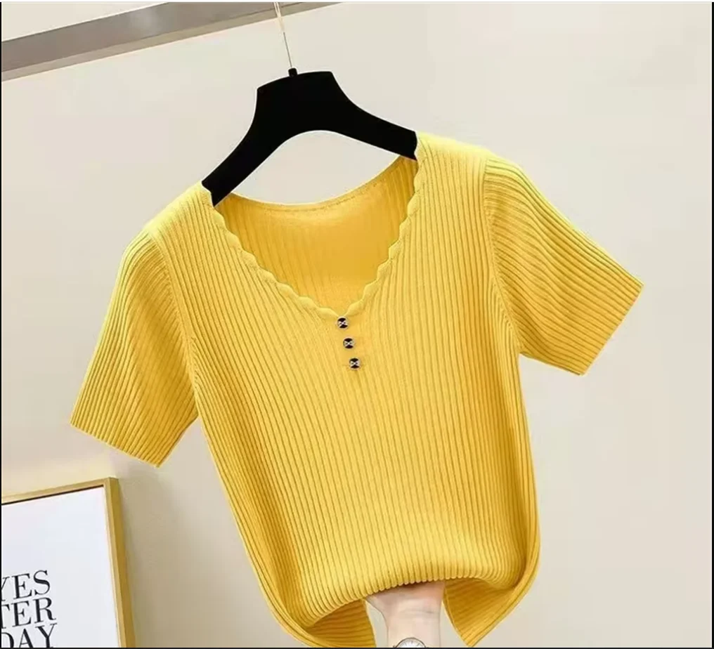 Women's Summer New Style Short Sleeve Vest Loose Buttons Pullover V-neck Short Sleeve Vest High Elasticity Comfortable Slim Vest