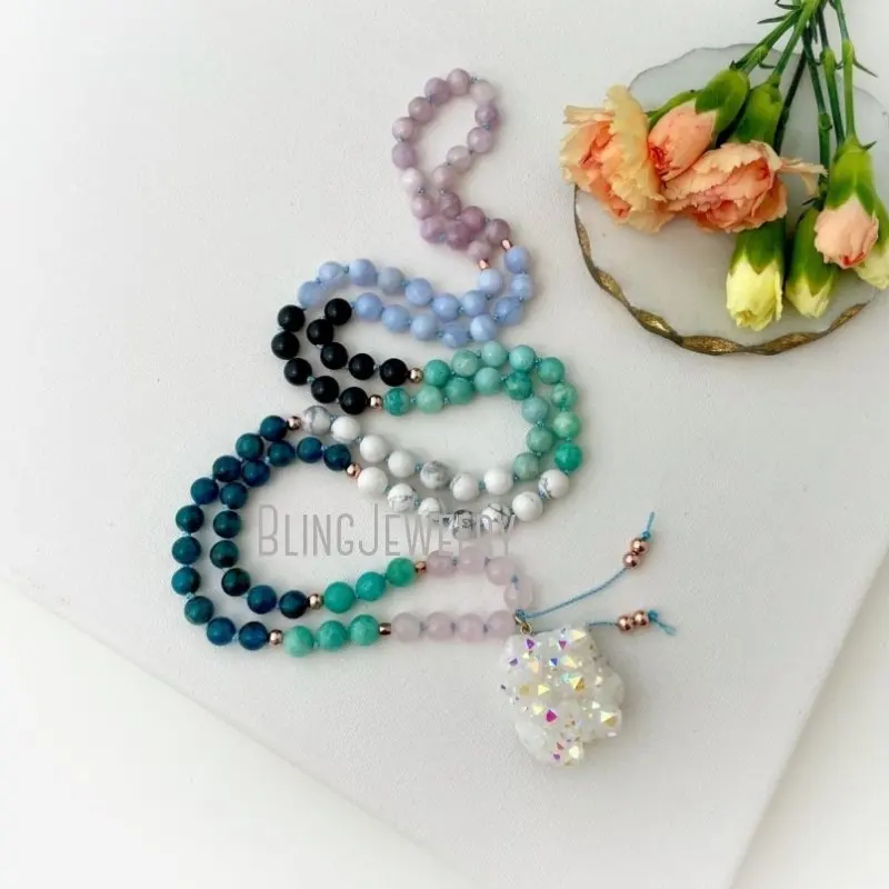 MN43508 Mala Necklace With Rose Quartz Lace Agate Tourmaline Howlite Amazonite Apatite Kunzite And Moonstone Prayer Beads