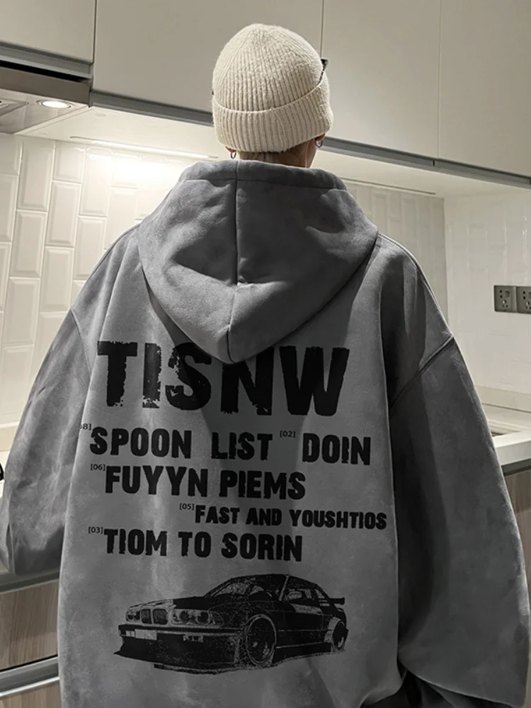 

Мужская замшевая толстовка с капюшоном, весна-осень, в американском ретро-стиле, с буквенным принтом, повседневная спортивная верхняя одежда для подростков, полиэстер, спандекс