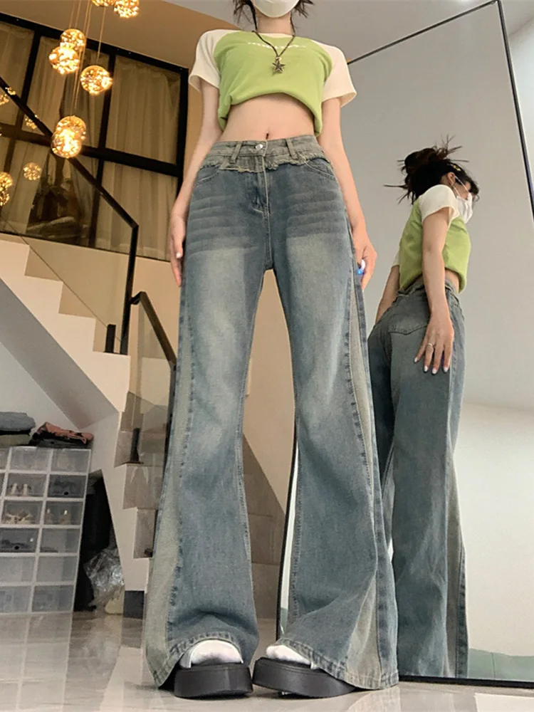 

Vintage Patchwork Flare Jeans Spring Autumn Women Oversize High Waist Wide-leg Pants European Style Streetwear Loose Denim Pants