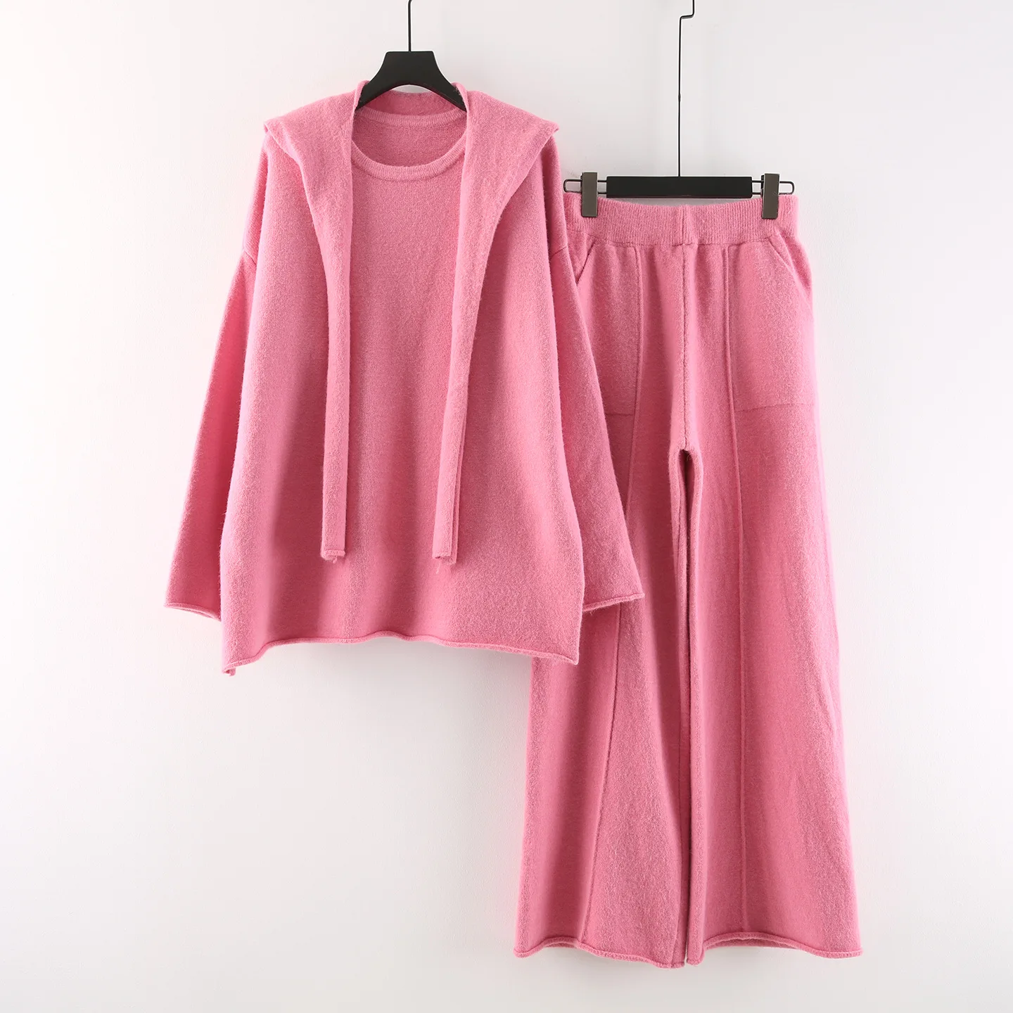 SuperAen Women 2026 Autumn New Korean Style Slim Pullover Sweater Solid Color Shawl Full Length Wide-leg Pants Three-piece Sets