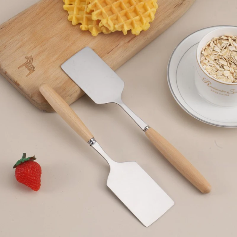 Stainless Steel Square Head Steak Cooking Spatula Wood Handle Pizza Shovel Pancake Beef Scraper BBQ Utensils For Kitchen