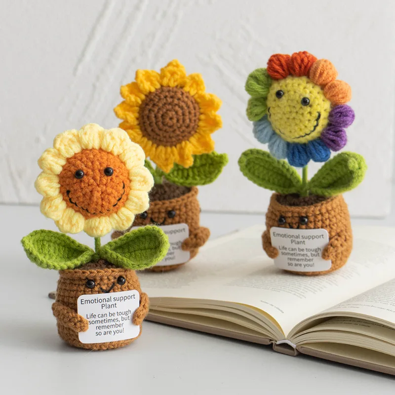 New Positive Energy Sunflower Hand-woven Plant Pot Home Room Decor Hug Pocket Knitting Doll Positive Card Desktop Ornament Gifts