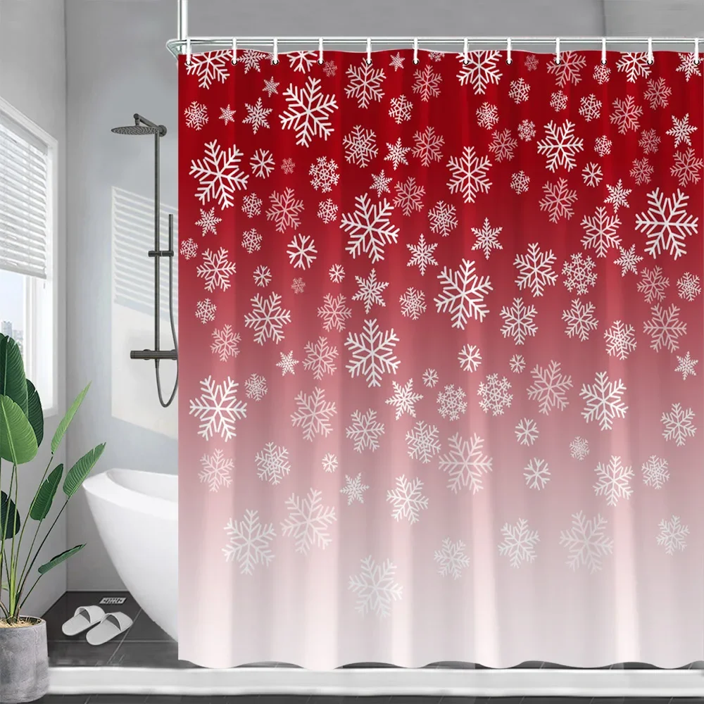 Christmas Snowflake Shower Curtain Red Ombre Pattern New Year Xmas Theme Polyester Fabric Home Bathroom Decor Bath Curtains Set