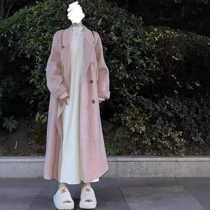 Novo casaco com camada de base, outono e inverno grosso reto gola alta vestido de pele longa, vestido de malha solta feminino elegante