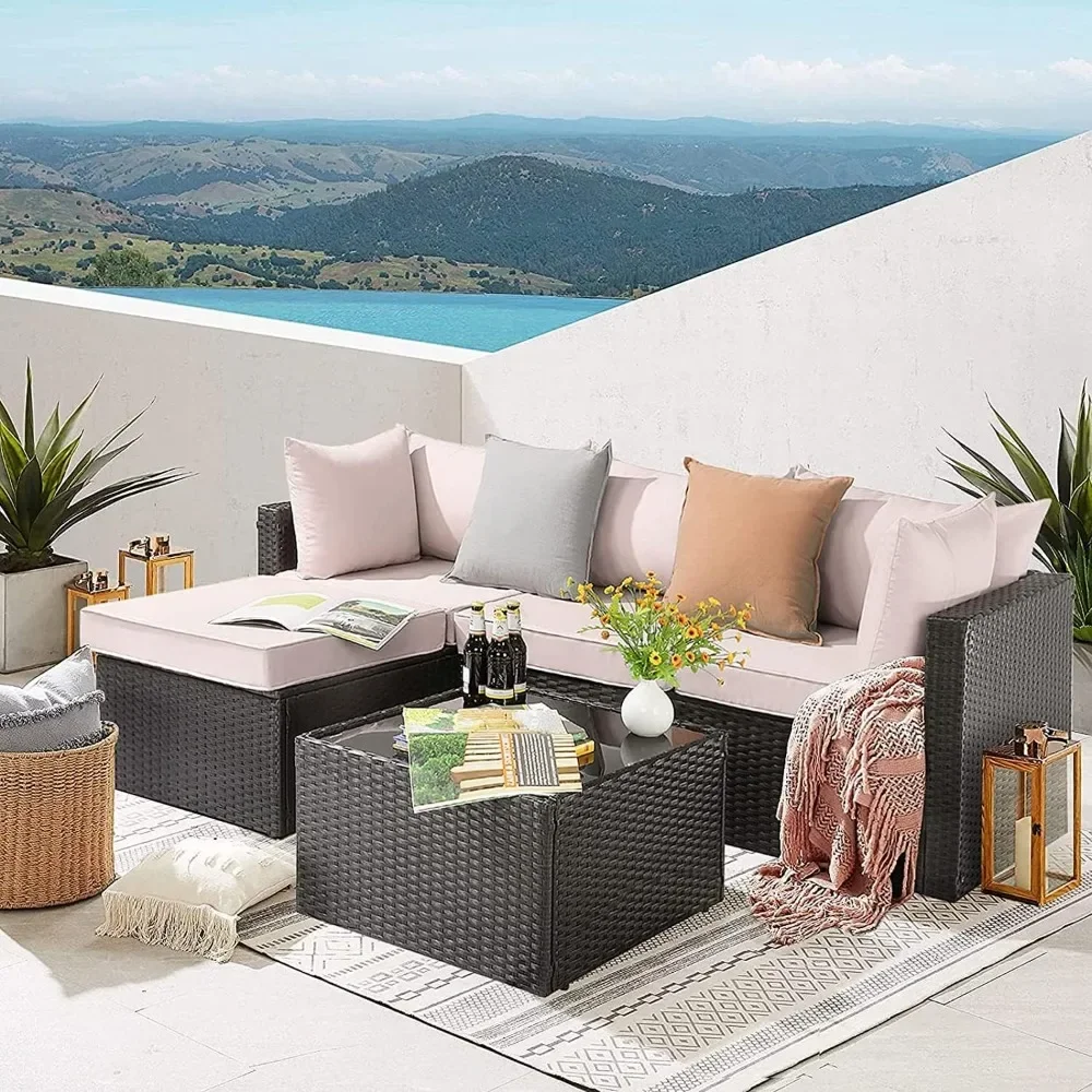 

Outdoor Sofa Sets,5 Pieces Patio Furniture Sets, All Weather Rattan Wicker Couch with Glass Table, Outdoors Garden Sofas Sets