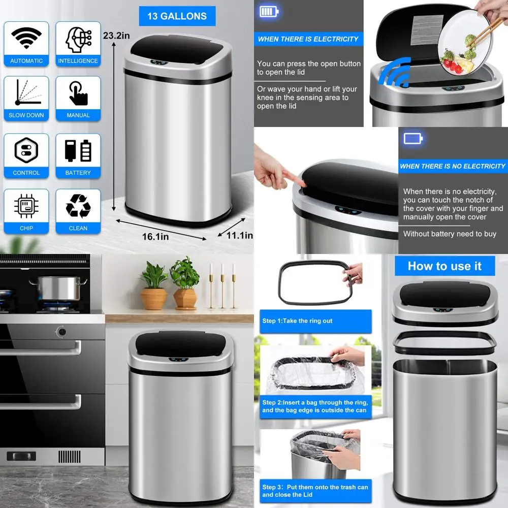 

Automatic Touch-Free 13 Gallon Stainless Steel Trash Can for Kitchen, Bathroom, and Home Office