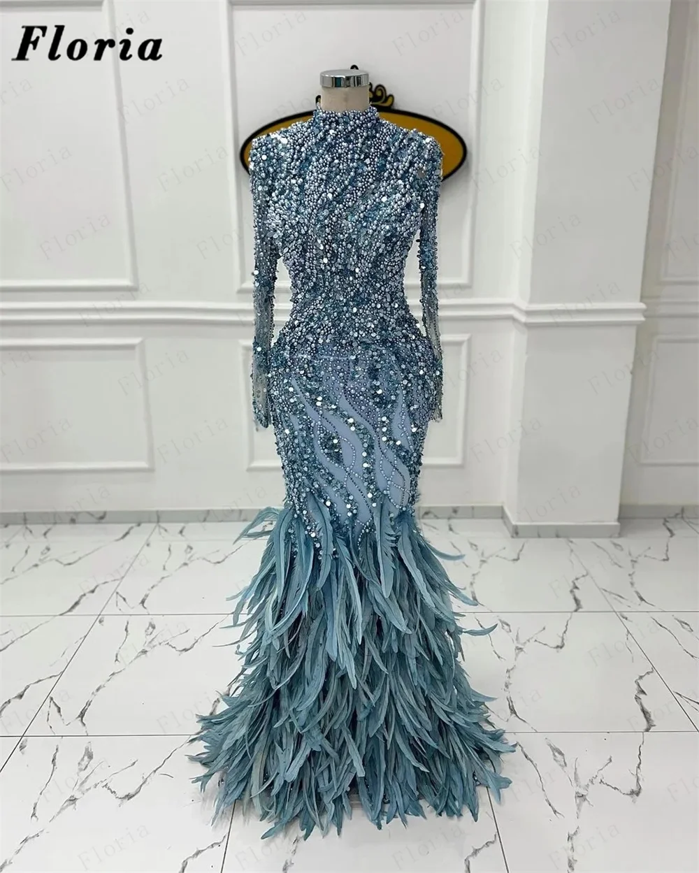 

Kaftans Beading Mermaid Evening Dresses With Feathers Custom Made Long Sleeves Party Dress For Weddings Dubai Women Prom Dress