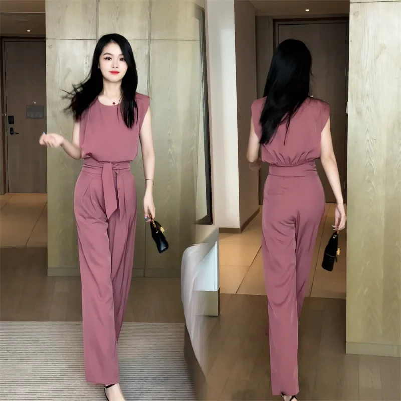 Fashion Drooping Wide-Leg Pants Suit Women\'s Summer New Western Temperament Slimming Fashionable Anti-Aging Casual Two-Piece Set