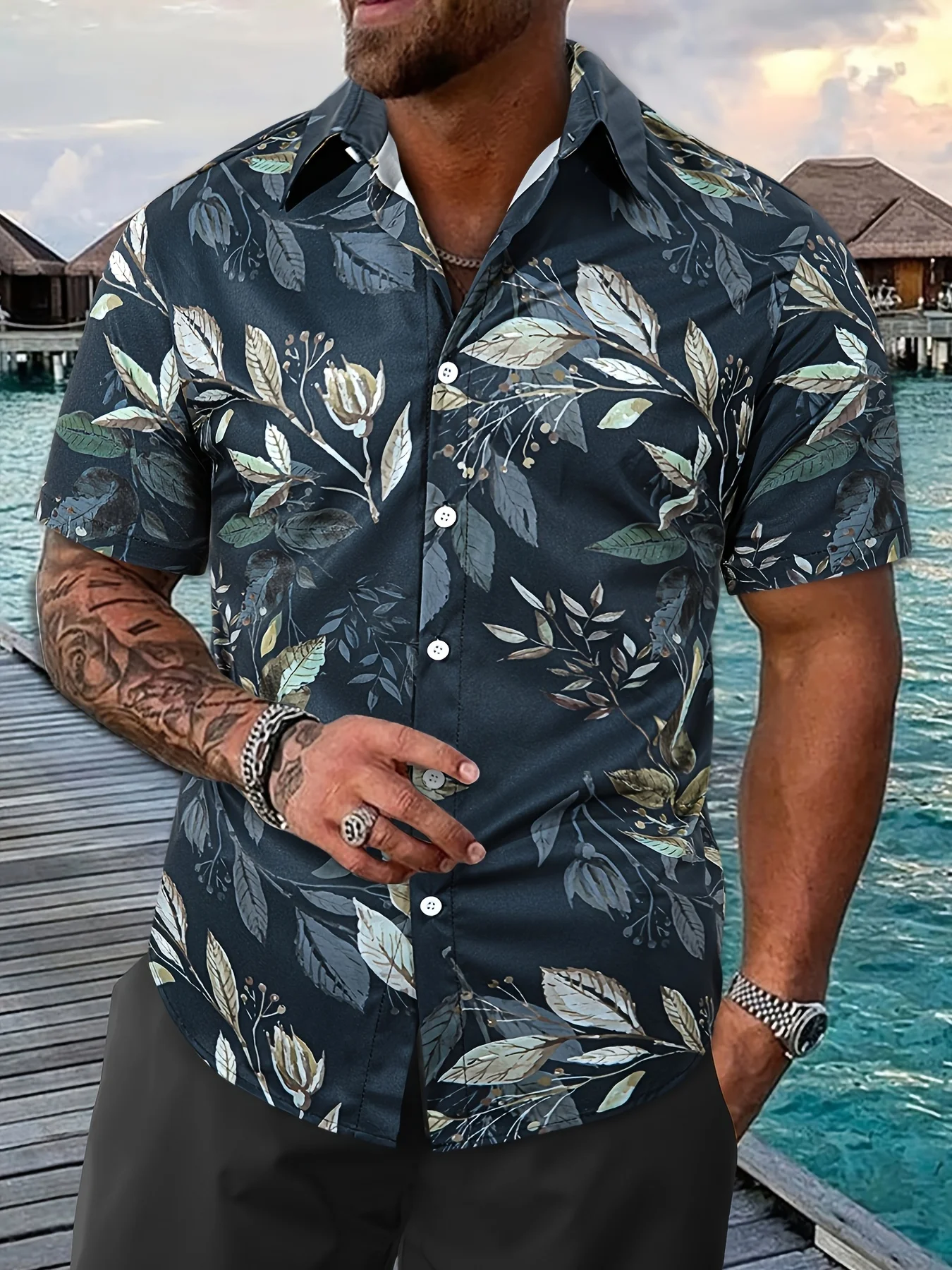 Men Dark Navy Tone Leaf Branch Vintage Mature Style Casual Short Sleeve Shirt