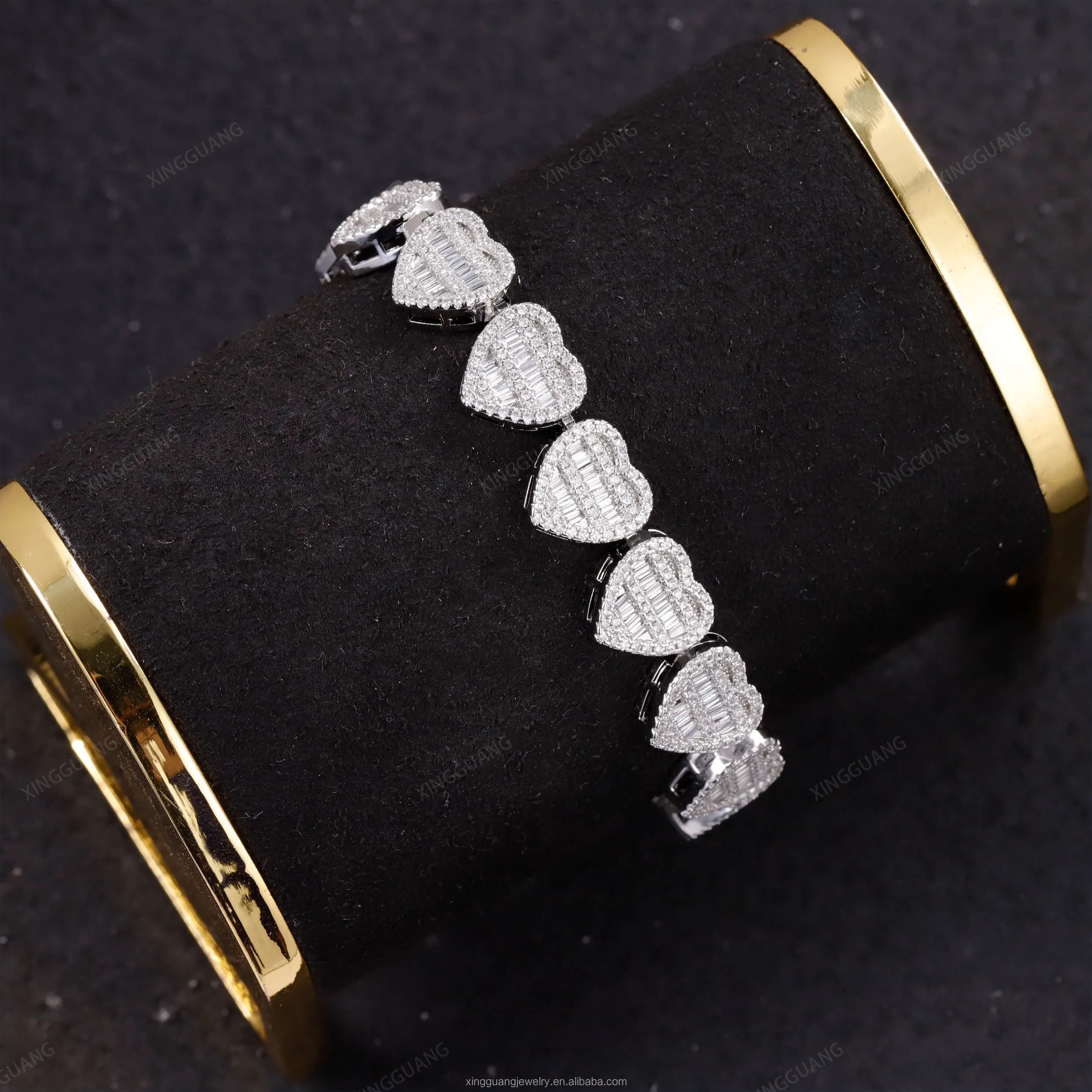 Pass Diamond test Heart Charms baguette Cut Moissanite Links Bracelet White Gold Plated S925 Silver Cuban Chains Bracelet，