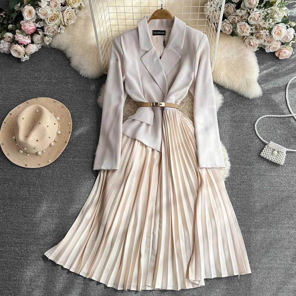 

Fashion Runway Autumn Winter Midi Dress Coat Women Notched Long sleeve Office Lady Belted Patchwork Pleated Vestidos A8839