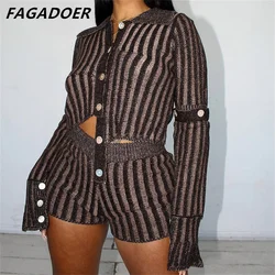 FAGADOER Casual Knitted Stripe Printing Two Piece Sets Women Button Long Sleeve Crop Top And Shorts Outfits Female 2pcs Suits