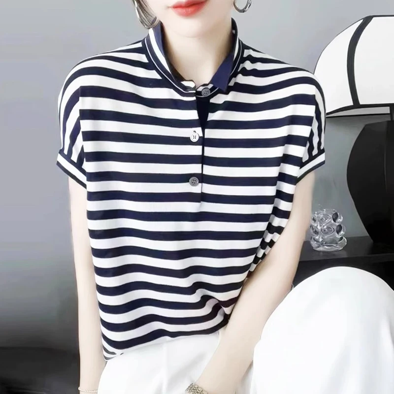 

Женская футболка из ледяного шелка с коротким рукавом, вязаная, летняя, с воротником, свободного кроя, повседневная, универсальная, с узором, в корейском стиле, для работы и отдыха