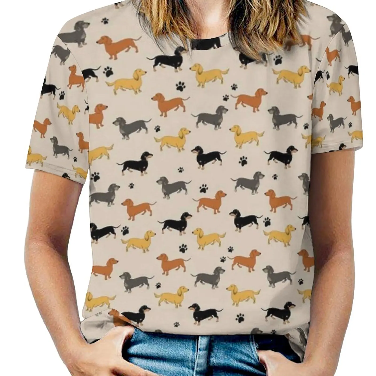 Camiseta feminina primavera e verão impresso t camisas tripulação pescoço pulôver superior cão salsicha weenie (dachshund salsicha cão)