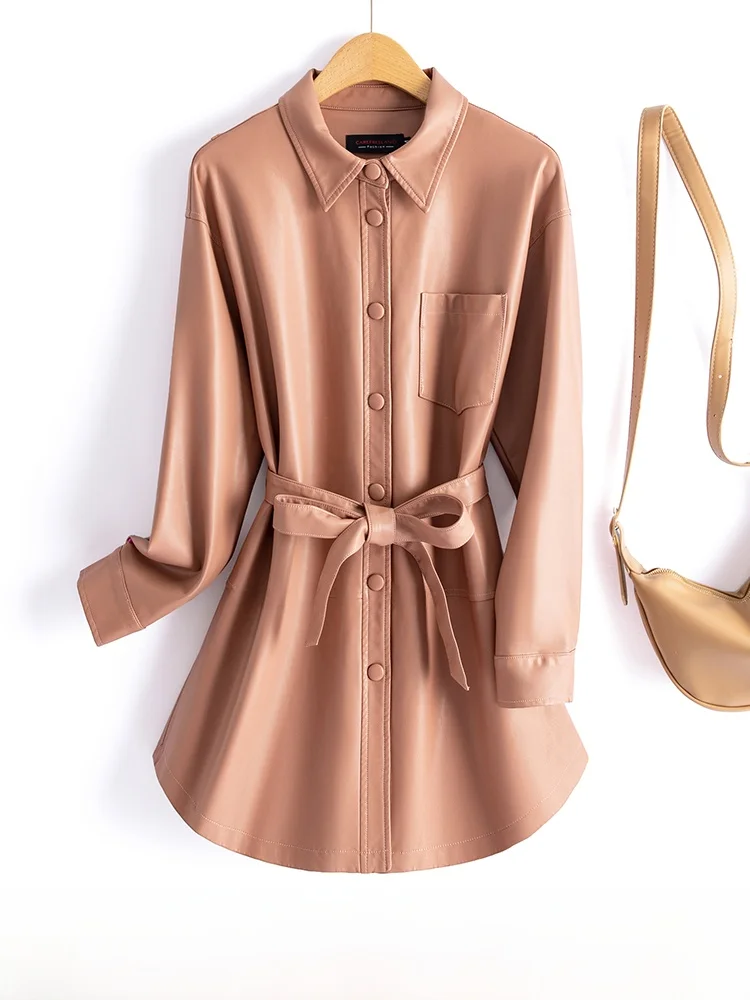 

Casual Design Women's Long eepskin Leather Jaet Durable Real Leather irt Coat Sli Biker Outerwear for Ladies