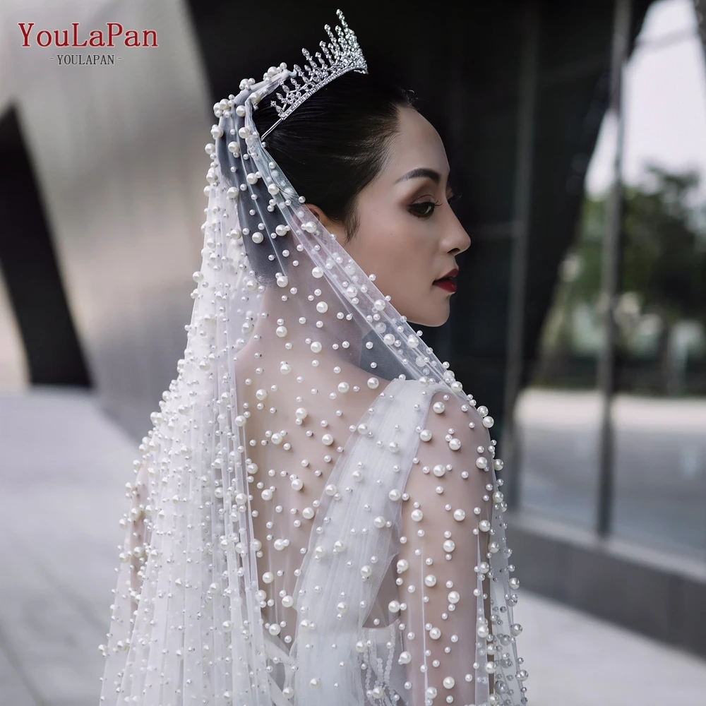 YouLaPan V139 Luxury Cathedral Bridal Veil 1 Tier Long Wedding Pearl Veil with Different Size of Pearls Delicate Nail Bead Veu