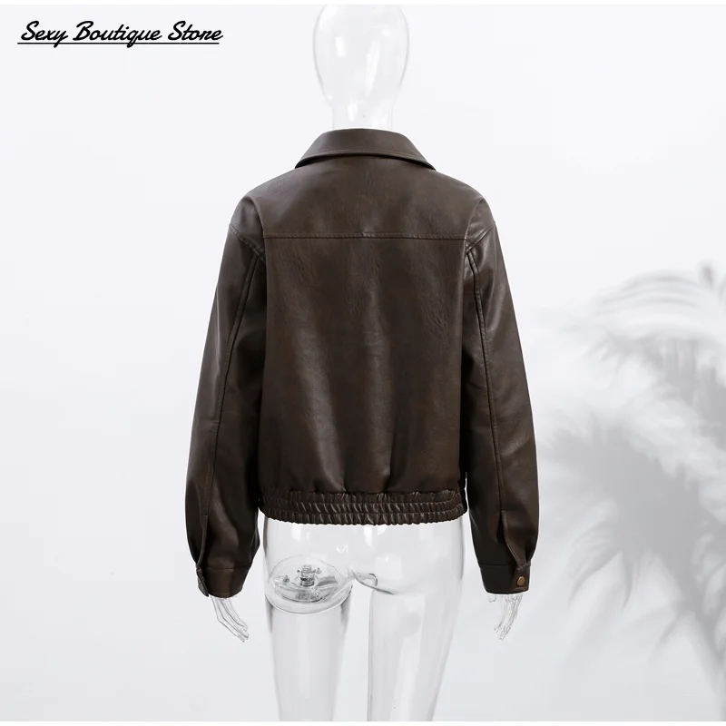 ผู้หญิงวินเทจหนังแจ็คเก็ตแขนยาวกระเป๋าหนังซิปCOMMUTER Outwears 2025 ใหม่Y2k Lady Streetwear