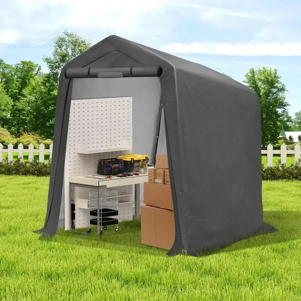 Heavy-Duty Portable Outdoor Storage Shed - 6x7 Carport Shelter with Ventilation Windows and Roll-Up Door for Vehicles, Equipment