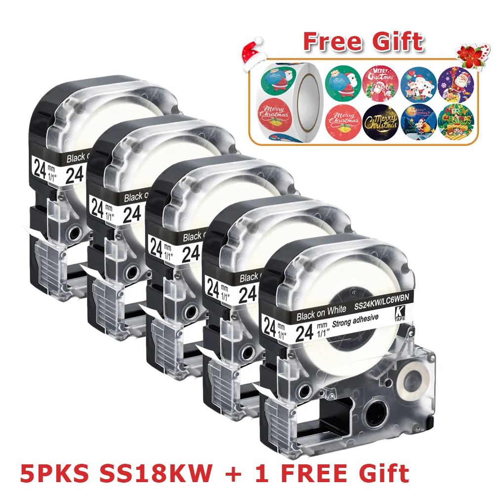 (With Christmas Sticker) 5PKS 24mm Black on White SS24KW/LC-6WBN9 LC-6WBN compatible for LW300 LW400 LW600