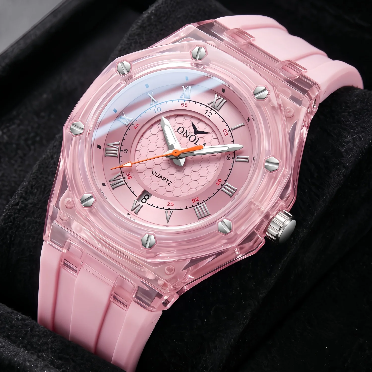 ONOLA Transparent Circular Watch, Transparent Plastic Case, Silicone Strap, Quartz Date Function, Suitable for Daily Wear
