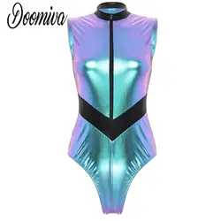 Women's Stylish Astronaut Costume Outfits Shiny Metallic Sleeveless High Cut Bodysuit Bod for Pole Dance Party Festival Clubwear