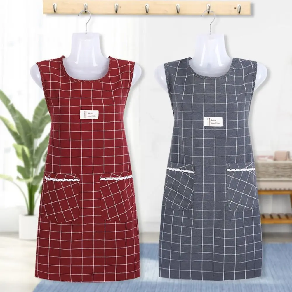 Household Plaid Women Sleeveless Apron Cotton Overalls Oil-proof Cooking Apron Large Pocket Chef Aprons for Kitchen