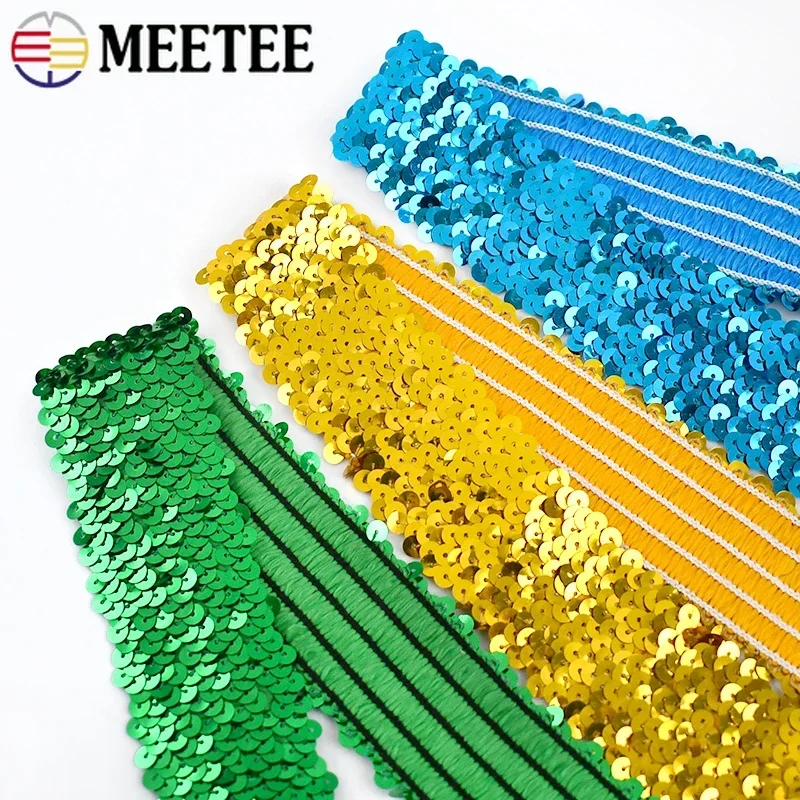 2/5/10Meters 45mm Sequined Lace Trim Stretch Elastic Band Glitter Fringe Ribbon DIY Dress Clothes Decoration Sewing Accessories