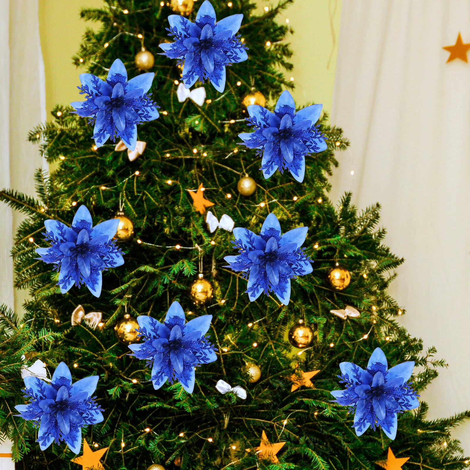 

12Pcs Blue Glitter Xmas Tree Flowers Artificial Decorations Christmas Garland Wreath Centerpiece Adornments Xmas Tree Flowers