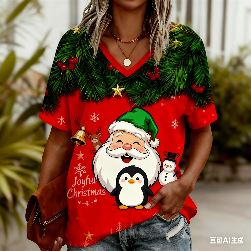 クリスマス レディース Tシャツ 3D パターンプリント V ネック Tシャツ 速乾性 新年 Tシャツ 新しい女性用トップス y2k 女性用服