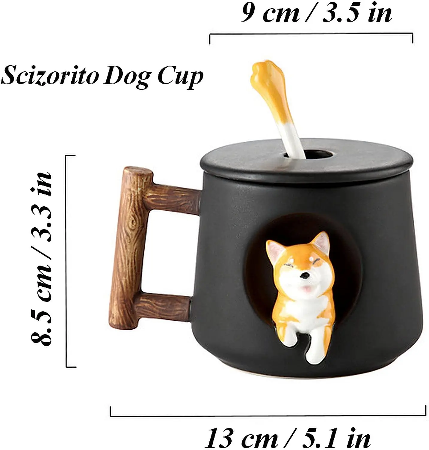 Kawaii Cute 3D Ceramic Cartoon Shiba Dog Coffee Mug Teacher Appreciation Gifts, 420ML Tea Cup with Wood Handles for Office,Home