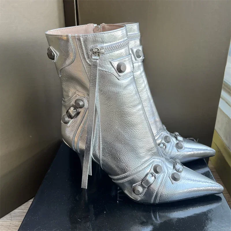 

Brand Metal Rivet Blue Denim Short Boots 2023 New Silver Microfiber Leather Side Zipper Pin Buckle Size 43 Catwalk Women's Boots