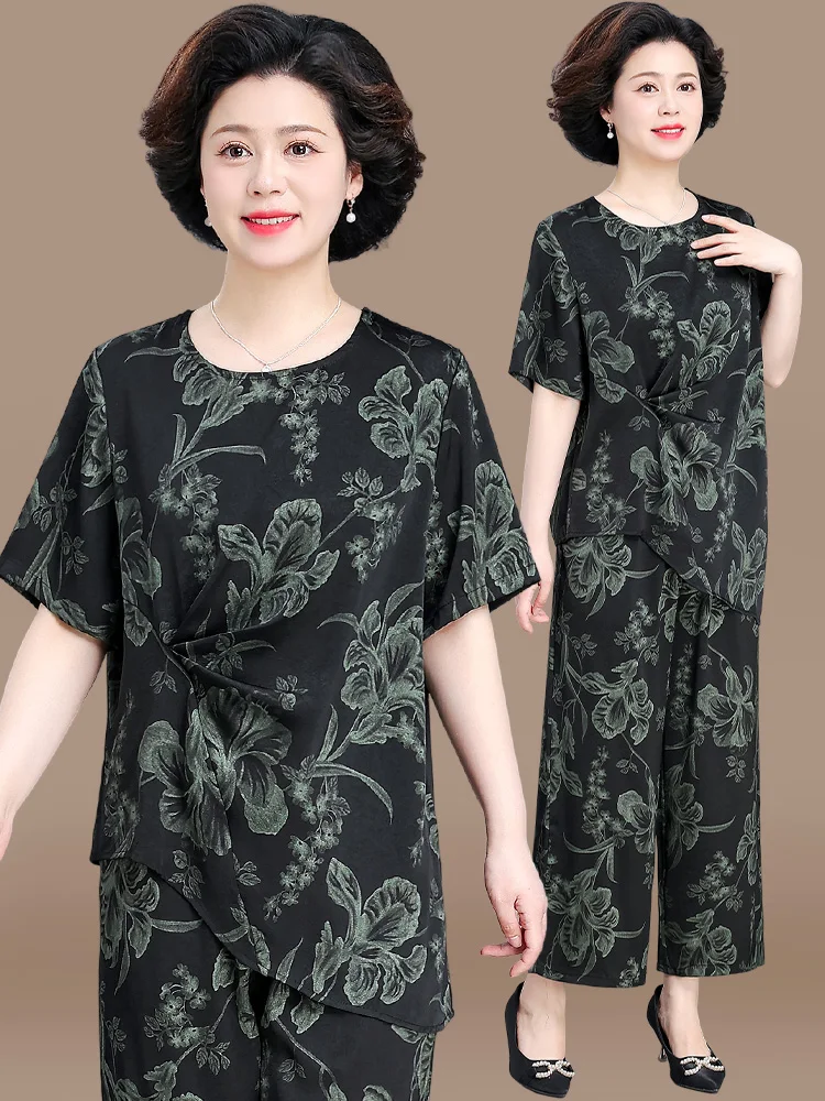 

New Chinese Sle Summer Outfit Mommy's Faion Two-Piece Set ort Sve Chiffon Top Loose Fit round Ne Polyester Fiber